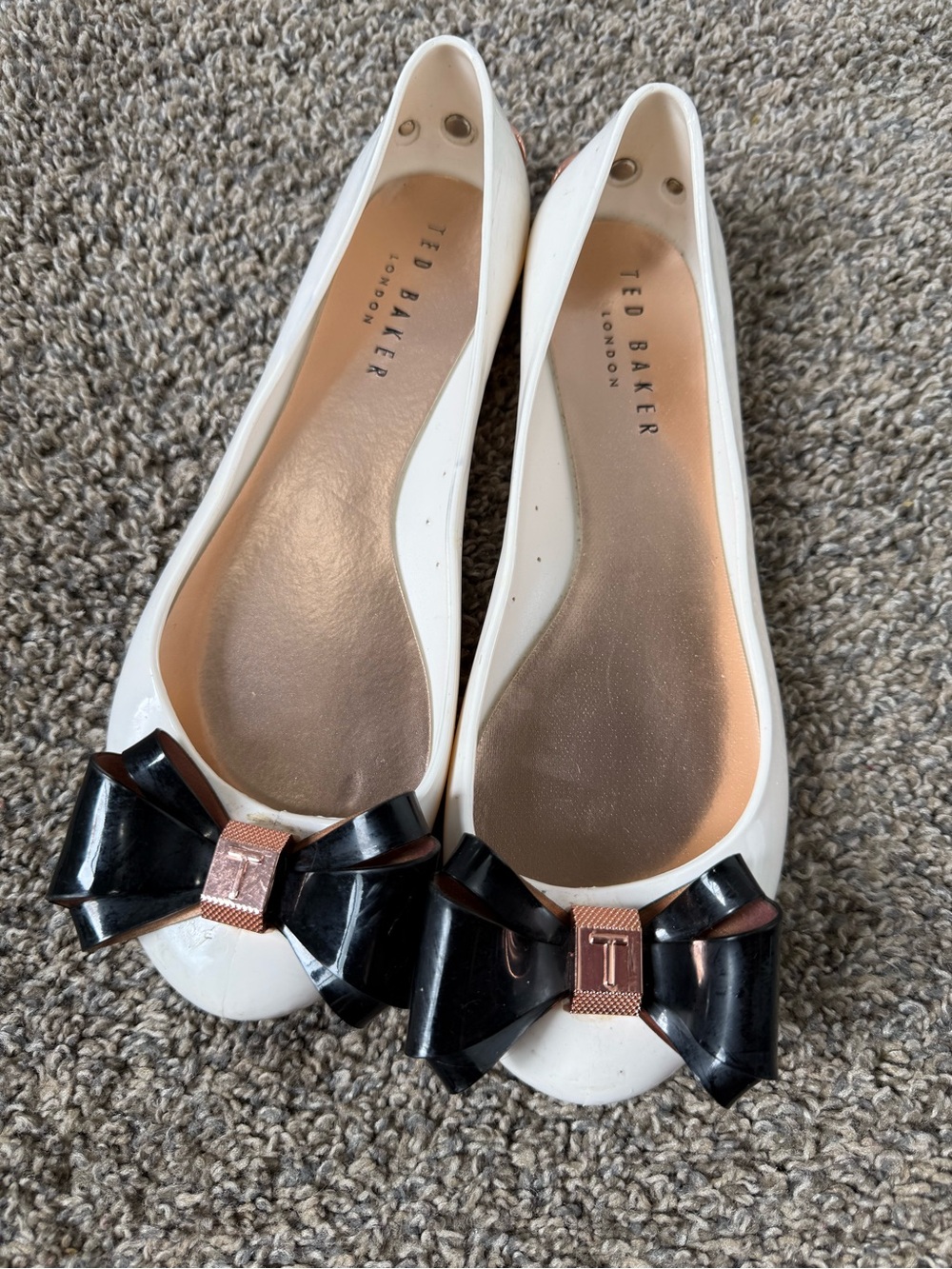 Ted Baker White Flats with Black Bow and Rose Gold Accent